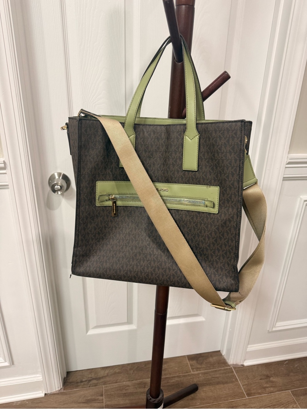 Michael Kors Brown Logo Kenly Tote Bag with Olive Trim and Beige Strap